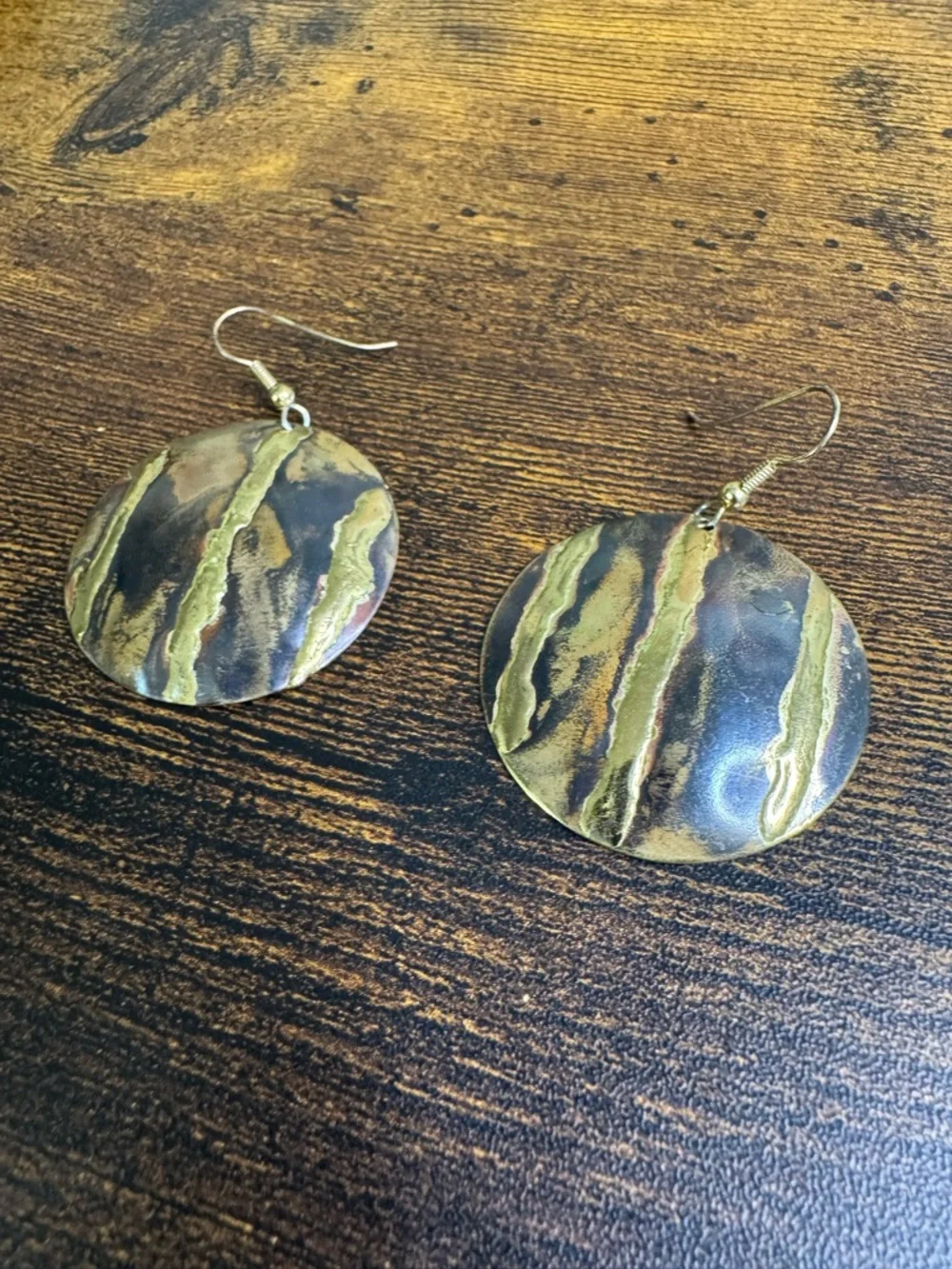 🍄Hand Crafted Gold Textured Round Drop Earrings - Copper and Brass - Picture 7 of 8